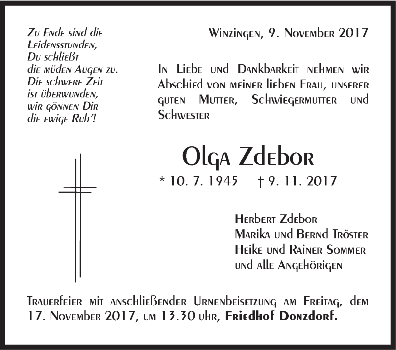  Traueranzeige für Olga Zdebor vom 14.11.2017 aus NWZ Neue Württembergische Zeitung/Geislinger Zeitung