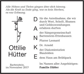 Traueranzeige von Ottilie Hütter von Hohenloher Tagblatt