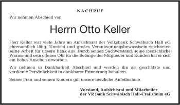 Traueranzeige von Otto Keller von Haller Tagblatt