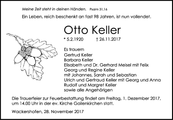 Traueranzeige von Otto Keller von Haller Tagblatt