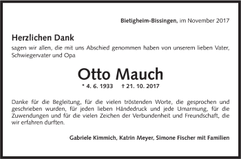 Traueranzeige von Otto Mauch von SÜDWEST PRESSE