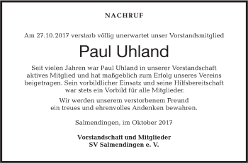 Traueranzeige von Paul Uhland von Hohenzollerische Zeitung