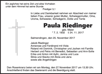 Traueranzeige von Paula Riedinger von Hohenzollerische Zeitung