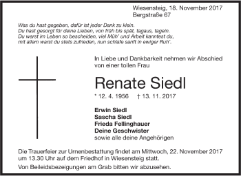 Traueranzeige von Renate Siedl von Geislinger Zeitung