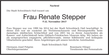 Traueranzeige von Renate Stepper von Haller Tagblatt