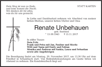 Traueranzeige von Renate Unbehauen von Hohenloher Tagblatt