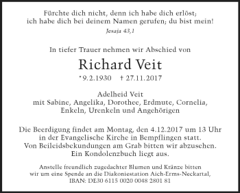 Traueranzeige von Richard Veit von Metzinger-Uracher Volksblatt