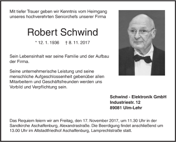 Traueranzeige von Robert Schwind von SÜDWEST PRESSE Ausgabe Ulm/Neu-Ulm