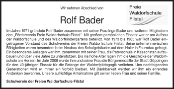 Traueranzeige von Rolf Bader von NWZ Neue Württembergische Zeitung