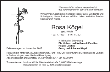 Traueranzeige von Rosa Kögel von SÜDWEST PRESSE Ausgabe Ulm/Neu-Ulm