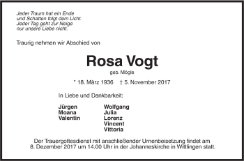 Traueranzeige von Rosa Vogt von Metzinger-Uracher Volksblatt