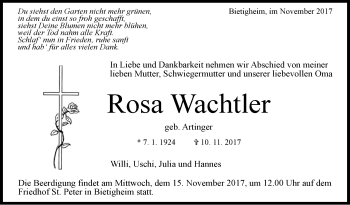 Traueranzeige von Rosa Wachtler von SÜDWEST PRESSE