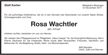 Traueranzeige von Rosa Wachtler von SÜDWEST PRESSE