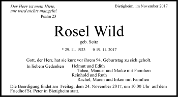 Traueranzeige von Rosel Wild von SÜDWEST PRESSE