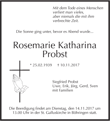 Traueranzeige von Rosemarie Katharina Probst von Metzinger-Uracher Volksblatt