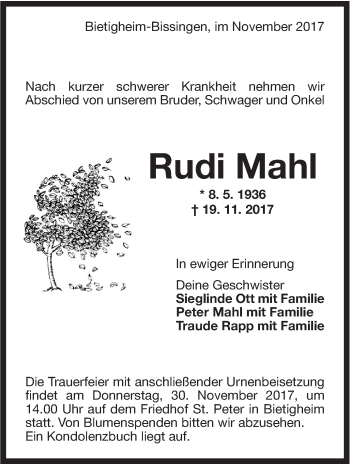 Traueranzeige von Rudi Mahl von SÜDWEST PRESSE