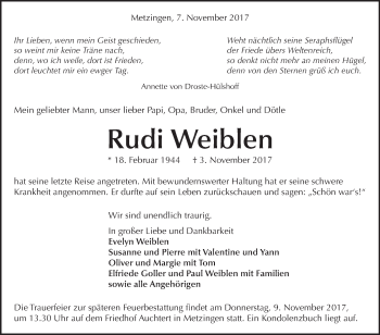 Traueranzeige von Rudi Weiblen von Metzinger-Uracher Volksblatt