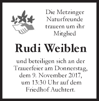 Traueranzeige von Rudi Weiblen von Metzinger-Uracher Volksblatt