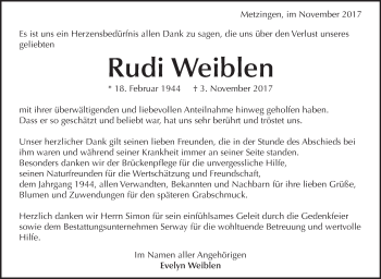 Traueranzeige von Rudi Weiblen von Metzinger-Uracher Volksblatt