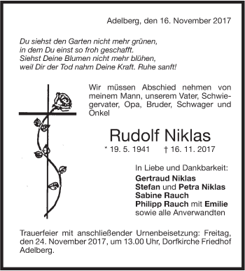 Traueranzeige von Rudolf Niklas von NWZ Neue Württembergische Zeitung