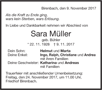 Traueranzeige von Sara Müller von NWZ Neue Württembergische Zeitung