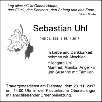 Traueranzeige von Sebastian Uhl von SÜDWEST PRESSE