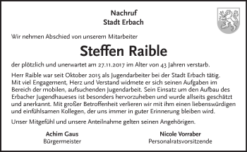 Traueranzeige von Steffen Raible von SÜDWEST PRESSE