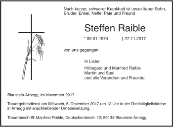 Traueranzeige von Steffen Raible von SÜDWEST PRESSE Ausgabe Ulm/Neu-Ulm