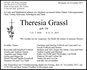 Traueranzeige von Theresia Grassl von SÜDWEST PRESSE