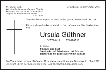 Traueranzeige von Ursula Güthner von Hohenloher Tagblatt