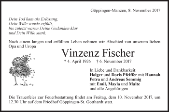 Traueranzeige von Vinzenz Fischer von NWZ Neue Württembergische Zeitung