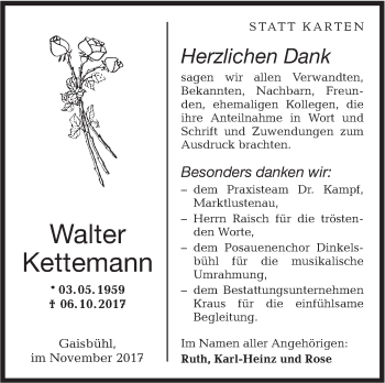 Traueranzeige von Walter Kettemann von Hohenloher Tagblatt