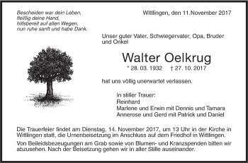 Traueranzeige von Walter Oelkrug von Metzinger-Uracher Volksblatt