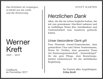 Traueranzeige von Werner Kreft von Hohenloher Tagblatt