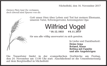 Traueranzeige von Wilfried Vogel von Haller Tagblatt