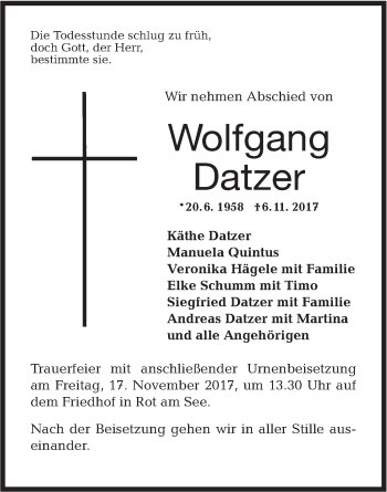 Traueranzeige von Wolfgang Datzer von Hohenloher Tagblatt