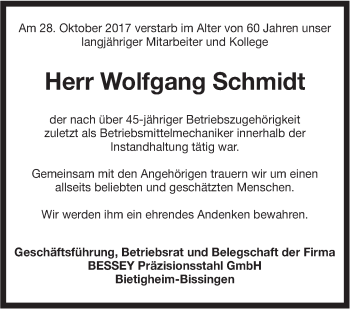 Traueranzeige von Wolfgang Schmidt von SÜDWEST PRESSE