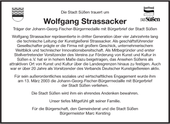 Traueranzeige von Wolfgang Strassacker von NWZ Neue Württembergische Zeitung/Geislinger Zeitung