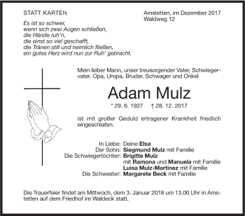 Traueranzeige von Adam Mulz von Geislinger Zeitung