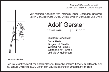 Traueranzeige von Adolf Gerster von Illertal Bote