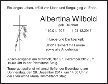 Traueranzeige von Albertina Wilbold von SÜDWEST PRESSE Ausgabe Ulm/Neu-Ulm