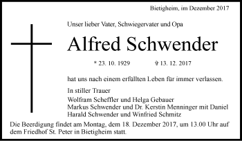 Traueranzeige von Alfred Schwender von SÜDWEST PRESSE