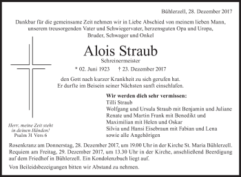 Traueranzeige von Alois Straub von Haller Tagblatt