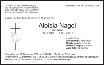 Traueranzeige von Aloisia Nagel von NWZ Neue Württembergische Zeitung