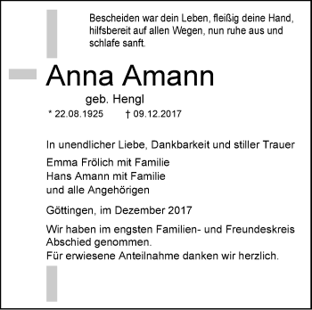 Traueranzeige von Anna Amann von SÜDWEST PRESSE Ausgabe Ulm/Neu-Ulm