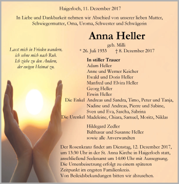 Traueranzeige von Anna Heller von Hohenzollerische Zeitung