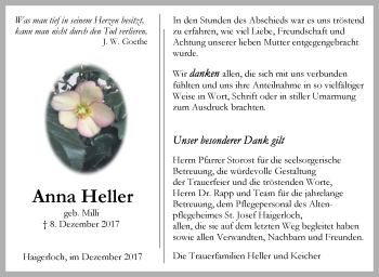 Traueranzeige von Anna Heller von Hohenzollerische Zeitung