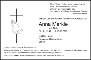 Traueranzeige von Anna Merkle von SÜDWEST PRESSE Ausgabe Ulm/Neu-Ulm