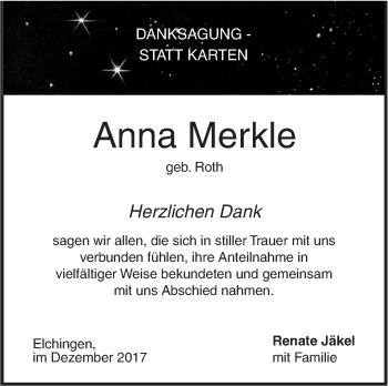 Traueranzeige von Anna Merkle von SÜDWEST PRESSE Ausgabe Ulm/Neu-Ulm