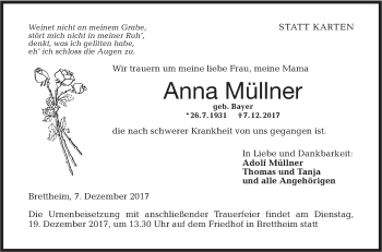 Traueranzeige von Anna Müllner von Hohenloher Tagblatt